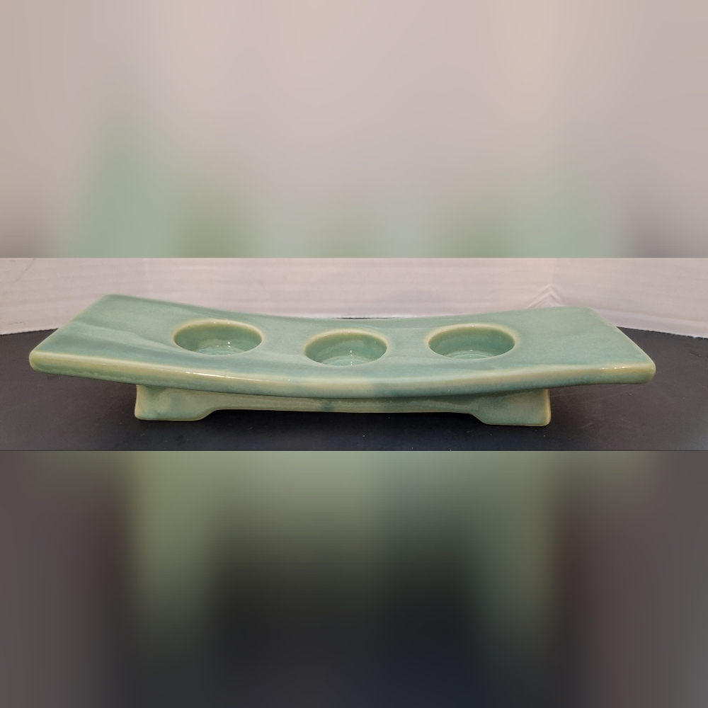 WCL vintage stoneware green 3  hole  curved tray soy sauce dish 10"×3"